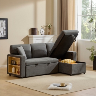 Merax Ecksofa L-Form Sofa, Loungesessel mit Schlaffunktion, Bettkasten, integriertem Regal & USB