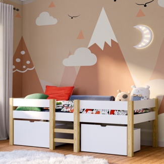 Bellabino 'Aspy' Halbhochbett 90x200 cm mit Rausfallschutz und Lattenrost, weiß, Kinderbett mit 2 Schubladen