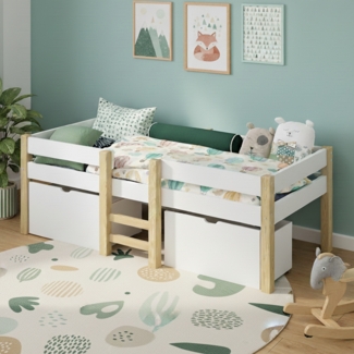 Bellabino 'Aspy' Halbhochbett 90x200 cm mit Leiter, weiß, Kinderbett mit 2 Schubladen, inkl. Rausfallschutz und Lattenrost