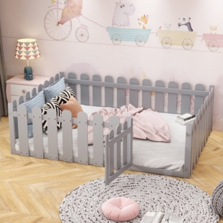 STILVORA Kinderbett 140x200 Babybett mit mit Zaun und Tür,Bettgestell ohne Matratze (Bodenbett mit Umrandung und Tür, robustes Kiefernholz, vielseitig als Spielplatz und Leseecke nutzbar, sicher und langlebig, 140x200 cm), ohne Matratze