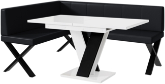 MEBLINI Eckbank für Esszimmer mit ausziehbarem Tisch - Küchenbank - Essecke - Sitzecke Küche - PETER - X-Beine 128x168x87cm Links - Schwarz Kunstleder/M Weiß-Schwarz Hochgl.