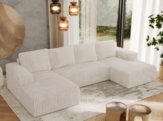 U-förmiges Ecksofa mit Schlaffunktion, Bettkasten und losen Kissen, zwei Armlehnen - TRENTINO U - Beige Cord