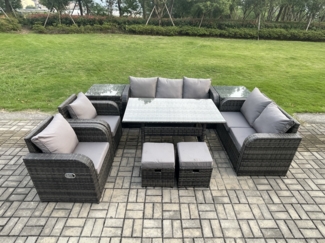 Fimous 9 Sitzer Garten Rattanmöbel Esstisch Sofa Set mit 2 Liegestuhln 2 Beistelltischen 2 kleine Fußhockern Dunkelgrau gemischt