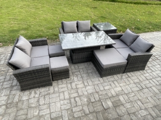 Fimous Polyrattan Gartenmöbel Set Einstellbare Höhe Esstisch Sofa Set mit Doppelsitz-Sofa 3 Hocker Beistelltische Dunkelgrau Gemischt