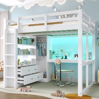 Merax Hochbett Kinderbett,Jugendbett 140x200 mit 2 Schubladen und Regalen, Unterbettschreibtisch, LED-Licht und USB, weiß