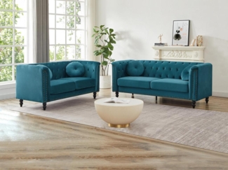 Vente-unique - Couchgarnitur 3+2 - Samt - Grünblau - TURNER