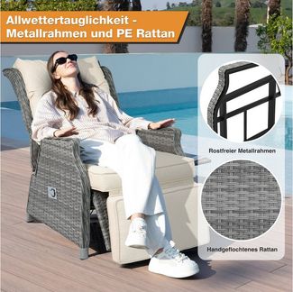 HOMECALL Rattanstuhl Gartensessel Indoor Verstellbar Liegestuhl Gartenliege balkonliege (Wetterfester Rahmen, klappbarem Beistelltisch und Fußstütze, 2 St), COMLAX FIELD
