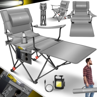 KESSER® Campingliege Campingstuhl 2in1 bis 160kg | Feldbett klappbar | Campingbett faltbar extra breit | Campinglicht & Getränkehalter + Aufbewahrungstasche & Transporttasche | Angelliege verstellbar Grau / Schwarz