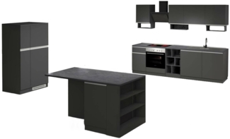Dmora Vollständige Küche Arlo, Set mit Speisekammer, Küchenzeile Schrank, Blockbausatz mit Insel und Kühlschrankträger, 100 % Made in Italy, Anthrazit und Schiefer
