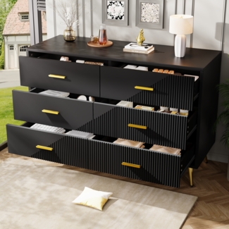 Kommode, Schubladenschrank mit 6 Schubladen dreidimensionalem Türdesign goldenen Beinen schlicht und modern, MDF+Metall, Schwarz