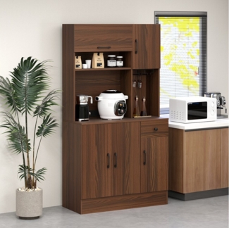 COSTWAY Küchenbuffet Schrank Hoch mit Steckdosen, Arbeitsplatte Braun