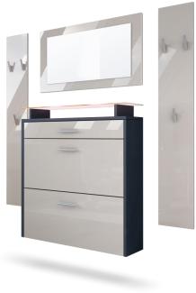 Vladon Garderobe Malea, Garderobenset bestehend aus 1 Hängeschuhschrank, 1 Wandspiegel und 2 Garderobenpaneele, Anthrazit matt/Sandgrau Hochglanz, inkl. LED-Beleuchtung RGB