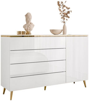 ALLHOUSE24 Kommode PEONY weiß Hochglanz Goldchrom Beine Schubladen Sideboard BERLIN, Breite 140 cm