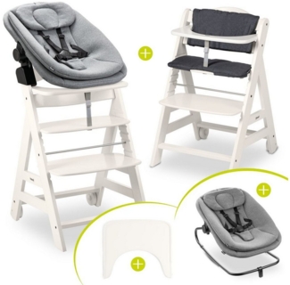 Hauck Hochstuhl Beta Plus White Newbornset 3in1 Bouncer (Set), Holz Babystuhl ab Geburt mit Neugeborenensufsatz, Sitzkissen, Essbrett