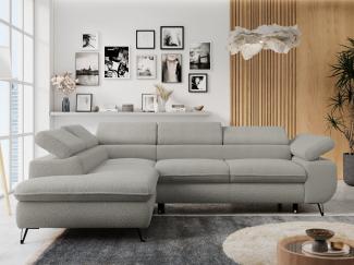 Ecksofa mit Bettfunktion, Modern Sofa, L-form, Einstellbare Kopfstützen, Bettkasten, PETER, 1x Ecksofa, 1x Topper, Hellgrau, Boucle, links