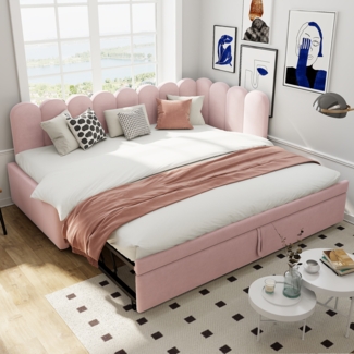 Merax Daybett Polsterbett 90x200cm mit Ausziehbett, Schlafsofa Tagesbett mit Rückenlehne, Jugendbett Kinderbett mit Lattenrost, Sofabett Daybett Samt, Rosa