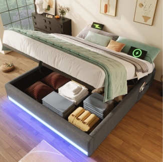 Ulife Polsterbett Kein Kopfteil-Design, Hydraulisch Stauraumbett mit mit LED-Beleuchtung (Ohne Matratze), Kein Kopfteil-Design, mit USB und Typ-C, 140x200 cm