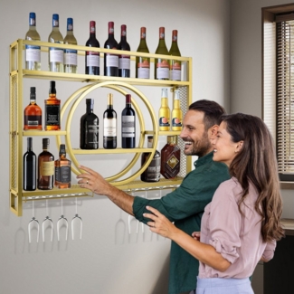XERSEK Weinregal Wand Flaschenregal Metall Weinflaschenhalter Wine Rack Weinregale, 3 GRÖSSEN 100cm,120cm,140cm, Gold Schwarz, Drei Ebenen, Max. 110lbs, Aus Kohlenstoffstahl