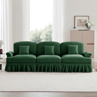 Elegantes Mid-Century 3-Sitzer Sofa, Chenille, Trichter-Armlehnen, abnehmbare Rüschenschürze, spindelförmige Beine, komfortables Sofa fürs Wohnzimmer, Grün