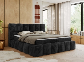 Boxspringbett mit dekorativem Kopfteil, Doppelbett mit zwei 7 Härtezonen Multipocket-Matratzen, Bettkästen, Polsterbett - NIRA - 160 x 200 cm - Dunkelgrau Stoff - H3