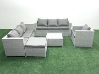 Fimous Polyrattan Sofa Gartenmöbel Set mit Sessel Quadratischer Couchtisch 2 Großer Hockern Hellgrau gemischt