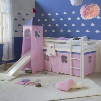 Homestyle4u Spielbett mit Turm und Rutsche, Rosa, Kiefernholz rosa / weiß, 90x200 cm