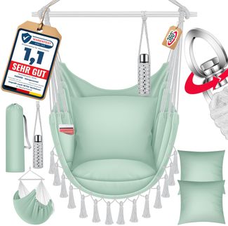 KESSER® Hängesessel mit 2 Kissen Getränkehalter & Bücherfach - Safari XXL Hängestuhl für Erwachsene & Kinder Hängematte bis 150 kg Hängesitz Aufhängung Indoor & Outdoor Wohn & Garten Terrasse Grün / Weiß