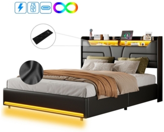FUROKOY Polsterbett LED Hydraulisches Doppelbett Funktionsbett (mit USB-Anschluss und Steckdose, 1-tlg, LED Beleuchtung), 140x200 cm Stauraumbett,Kunstleder,Schwarz