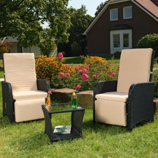 Polyrattan Gartenset 2 Sessel + Tisch schwarz Sitzgarnitur Gartenmöbel Stuhl