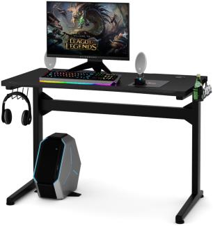 COSTWAY Gamingtisch, Ergonomischer Schreibtisch mit mit Tassen- und Kopfhörerhalter, Mauspad, E-Sports Tisch mit T-förmiges Stahlgestell, Computertisch für Zuhause Büro Spielzimmer, Schwarz