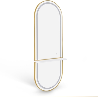 BarberPub Wandspiegel mit Beleuchtung, Ganzkörperspiegel mit Aluminiumrahmen, Großer Spiegel mit Ablage, Touch-Schalter, 3 Lichtfarben Dimmba, J6270 (Weiß-Gold)