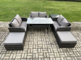 Fimous Outdoor Gartenmöbel-Set Lounge Sofa Set mit Langer rechteckiger Esstisch 2 Großer Hockern Beistelltisch