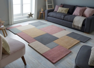 FLAIR RUGS Wollteppich Abstract Collage, 100% Wolle, rechteckig, Höhe: 11 mm, Karo Design, Patchwork, modern, mehrfarbig, Wohnzimmer, Schlafzimmer