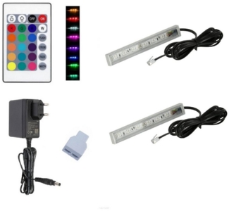 QLS LED Unterbauleuchte RGB 12V 2-8 Stück Schwarz, LED fest integriert, Glasbodenbeleuchtung Lichtleiste Fernbedienung 16 Farben Dimmbar