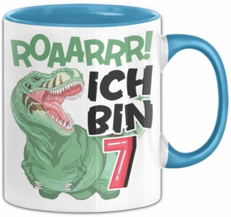 Trendation Tasse 7. Geburtstag Geschenk Tasse Becher Jungs Dino T-Rex Roaarrr Ich Bin 7