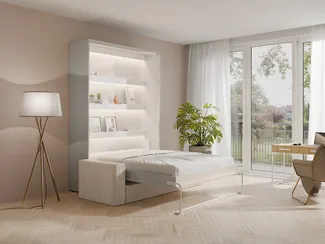 Vente-unique - Schrankbett 160x200 cm - Manuelle vertikale Öffnung - Mit LEDs - Beige + Matratze + Sofa - RAPILI