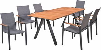 Garten-Sitzgruppe FAYE 7-tlg. - Teak, Dunkelgrau | Gartenmöbel-Set Gartengarnitur Garten-Essgruppe mit Stapelstühlen und Esstisch