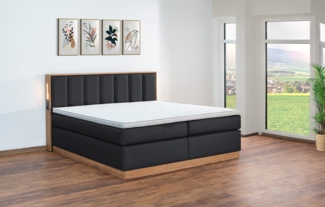 Meisterbetten Boxspringbett Sely mit Holzdekor Eiche Cognac 180x200 in LM-Schwarz, Matratzenbezug Nano, Midisoft-Topper