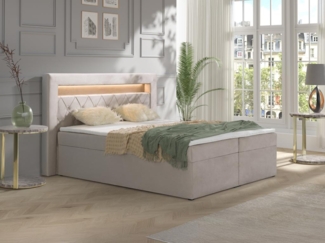 Vente-unique - Deko-Komplett-Set mit Bett-Kopfteil mit LED-Beleuchtung + Bettgestell mit Bettkasten + Matratze + Topper - 160 x 200 cm - Samt - Beige - ORANA von YSMÉE