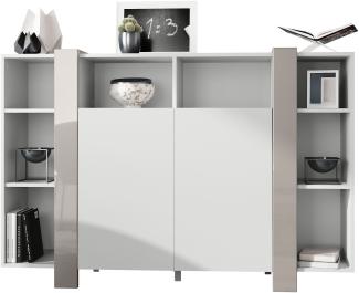 Vladon Highboard Ida, Anrichte mit 12 Fächern, Korpus in Weiß matt, Blenden in Sandgrau Hochglanz (149 x 101 x 34 cm)