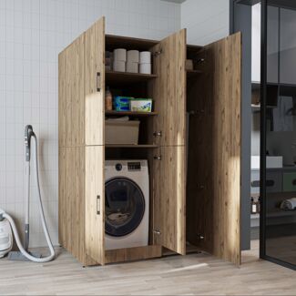 Roomart Waschmaschinenschrank - SERIE DORA-2- 115 cm breit – Waschturm für Waschmaschine & Trockner mit Regalböden – Überbauschrank für Waschküche & Hauswirtschaftsraum – ohne Aufsatzschrank - 1x Regalböden - Eiche