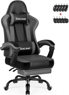 Gaming Stuhl Ergonomisch Chair mit Lendenkissen Kopfkissen Fußstütze Grau