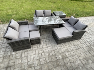 Fimous Polyrattan Gartenmöbel-Sets mit Länglicher Esstisch Doppelsitzsofa 3 Fußhockern Beistelltisch Dunkelgrau gemischt