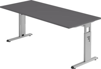 bümö höhenverstellbarer Schreibtisch O-Serie 180x80 cm in Graphit, Gestell in Silber - großer PC Tisch für's Büro manuell höhenverstellbar, Computertisch verstellbar, OS-19-G-S