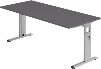 bümö höhenverstellbarer Schreibtisch O-Serie 180x80 cm in Graphit, Gestell in Silber - großer PC Tisch für's Büro manuell höhenverstellbar, Computertisch verstellbar, OS-19-G-S