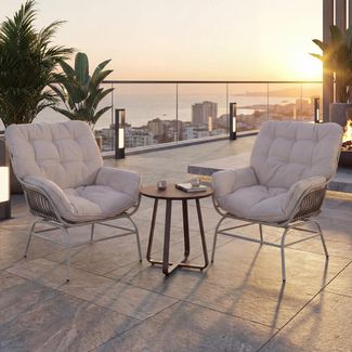 2er-Set Gartenstuhl HWC-P75, Gartensessel Loungesessel, Stoff 220g/m² Poly-Rattan Metall ~ hellgrau, Polster beige