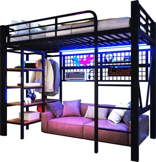 Hochbett mit Regal, LED-Beleuchtung, Kleiderstange, Wandgitter, Leiter, Rausfallschutz, 90x200cm, Kinderbett, Metallbett