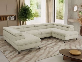 MKS Möbel 'Pablo U-Form' Wohnlandschaft mit Bettkasten, Creme, Schenille grob, ohne Topper