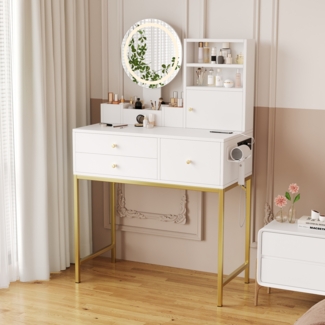 Schminktisch mit LED Spiegel und Beleuchtung, Frisierkommode mit Steckdose USB Typ-C Anschluss und Föhnhalter, moderner Schminktisch mit Stauraum Aufbewahrungsbox