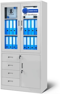 Vitrinenschrank abschließbar PUMME - mit Schubladen| Büroschrank aus Stahl Aktenschrank mit Glasfenster Metallschrank Mehrzweckschrank, 185x90x40cm Grau